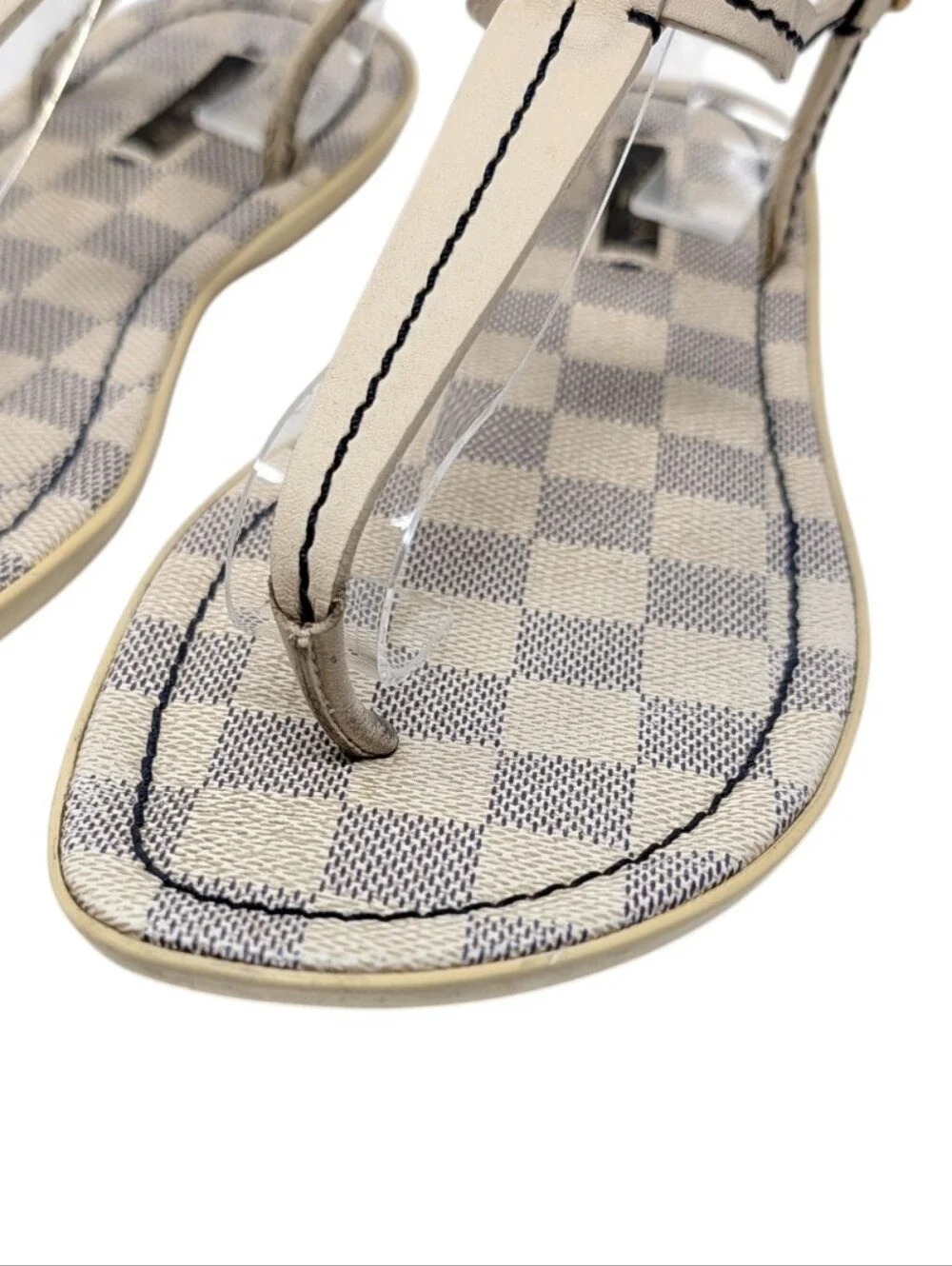Louis Vuitton Damier Azur White Blue Check T-Strap Thong Sandals Size EU 38.5